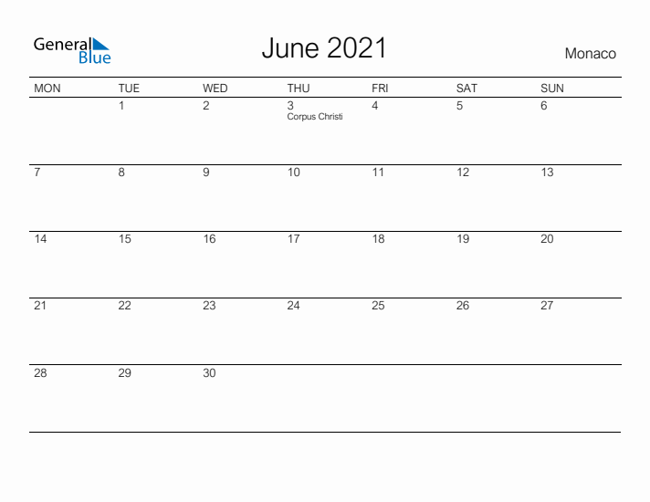 Printable June 2021 Calendar for Monaco