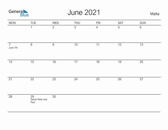 Printable June 2021 Calendar for Malta