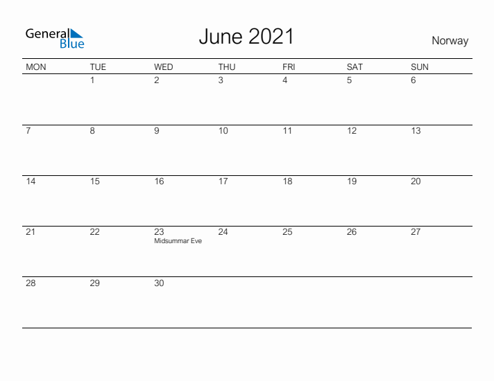 Printable June 2021 Calendar for Norway