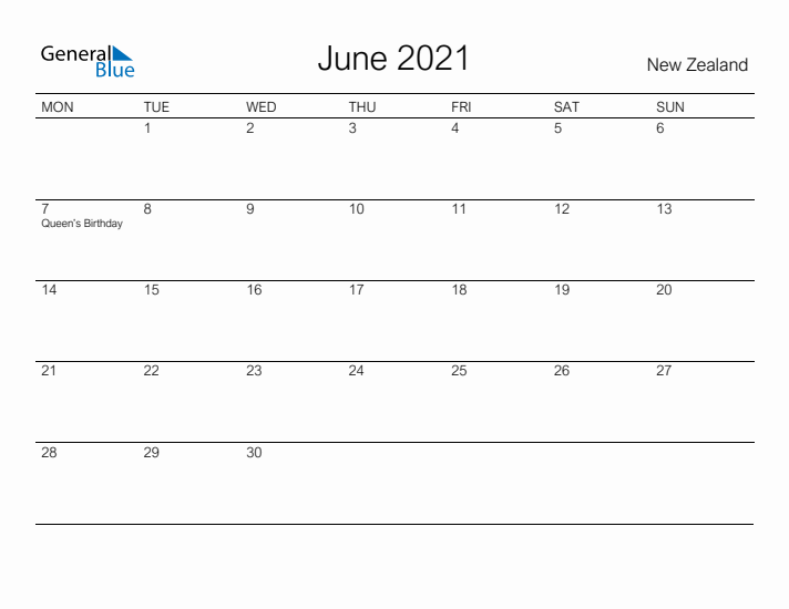 Printable June 2021 Calendar for New Zealand