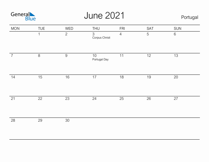 Printable June 2021 Calendar for Portugal