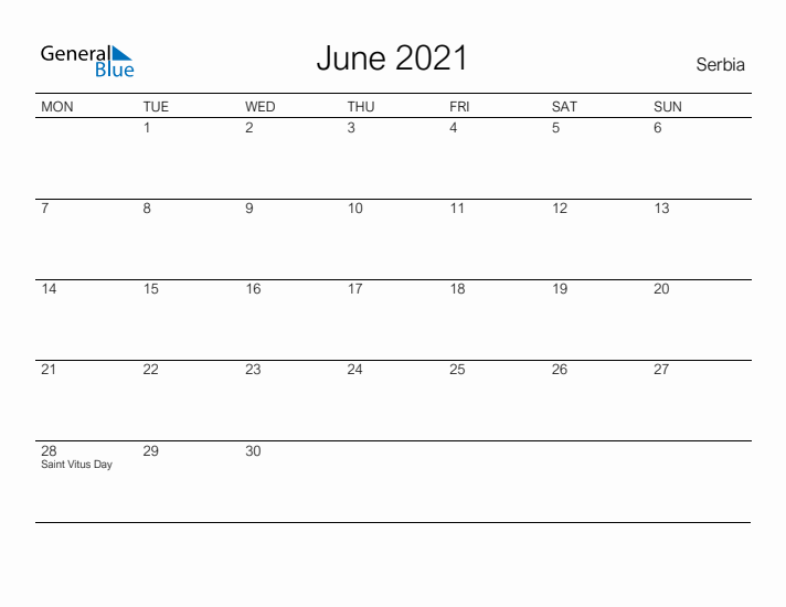 Printable June 2021 Calendar for Serbia