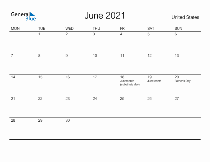 Printable June 2021 Calendar for United States