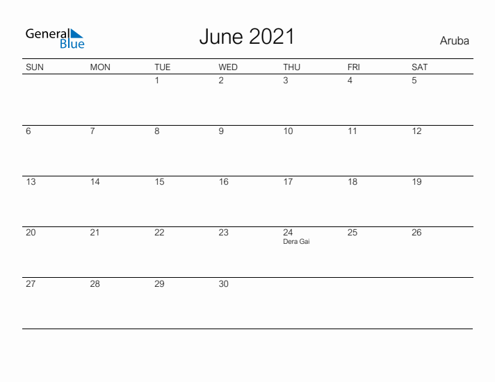 Printable June 2021 Calendar for Aruba