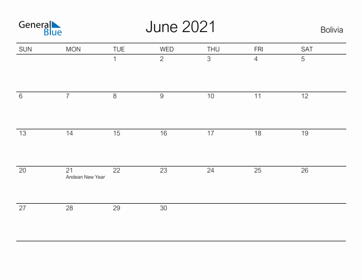 Printable June 2021 Calendar for Bolivia