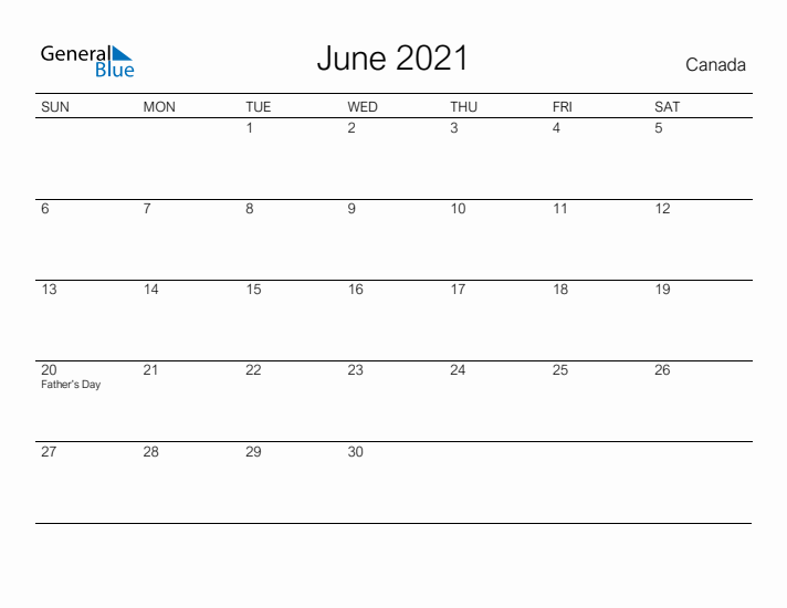 Printable June 2021 Calendar for Canada