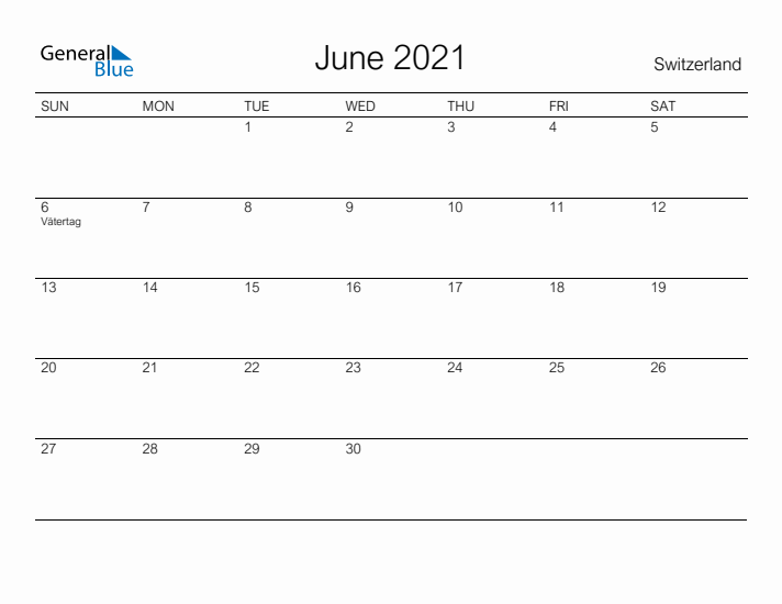 Printable June 2021 Calendar for Switzerland