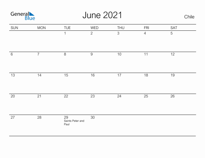 Printable June 2021 Calendar for Chile