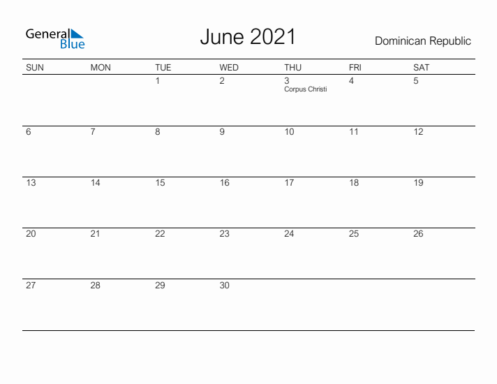 Printable June 2021 Calendar for Dominican Republic