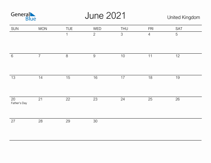 Printable June 2021 Calendar for United Kingdom