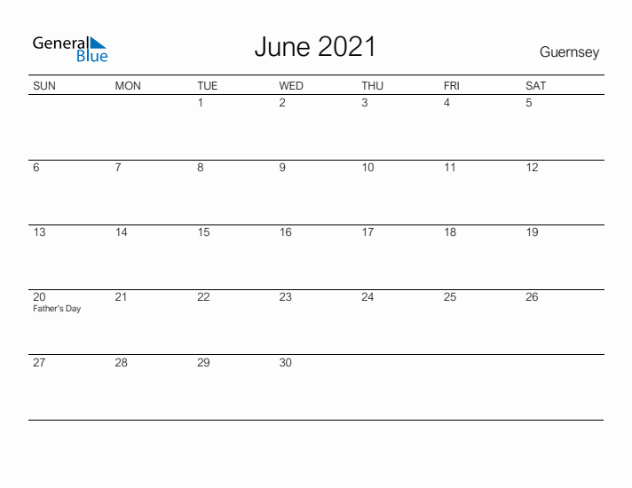 Printable June 2021 Calendar for Guernsey