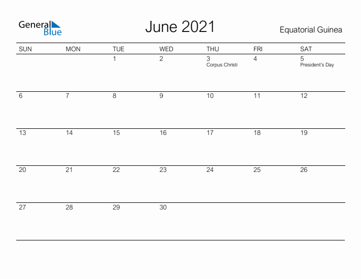 Printable June 2021 Calendar for Equatorial Guinea