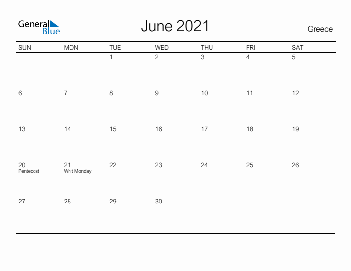 Printable June 2021 Calendar for Greece