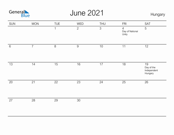 Printable June 2021 Calendar for Hungary