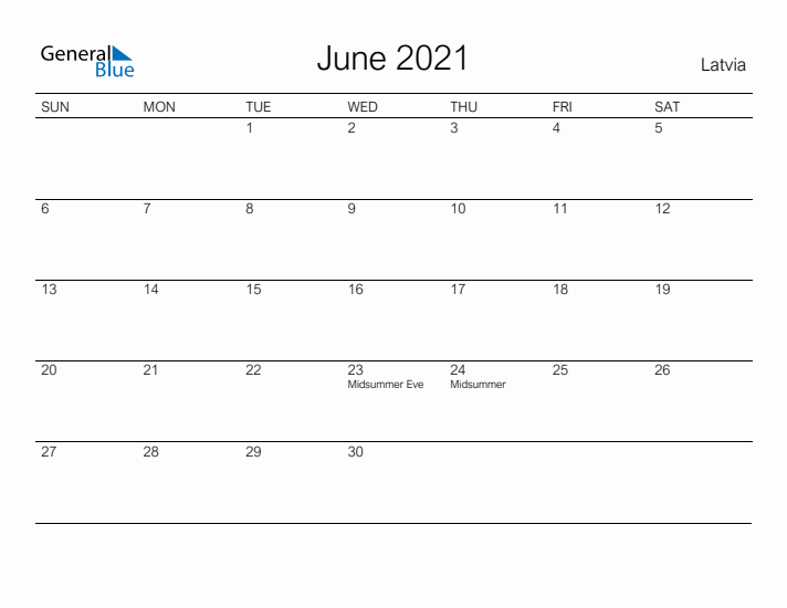 Printable June 2021 Calendar for Latvia