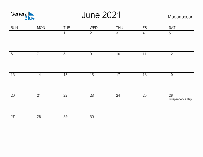 Printable June 2021 Calendar for Madagascar