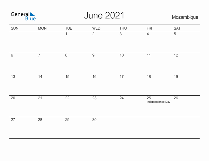 Printable June 2021 Calendar for Mozambique