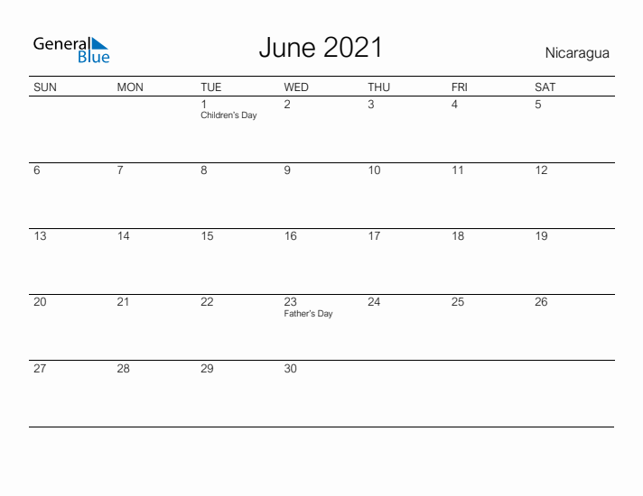 Printable June 2021 Calendar for Nicaragua