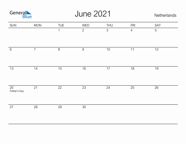 Printable June 2021 Calendar for The Netherlands