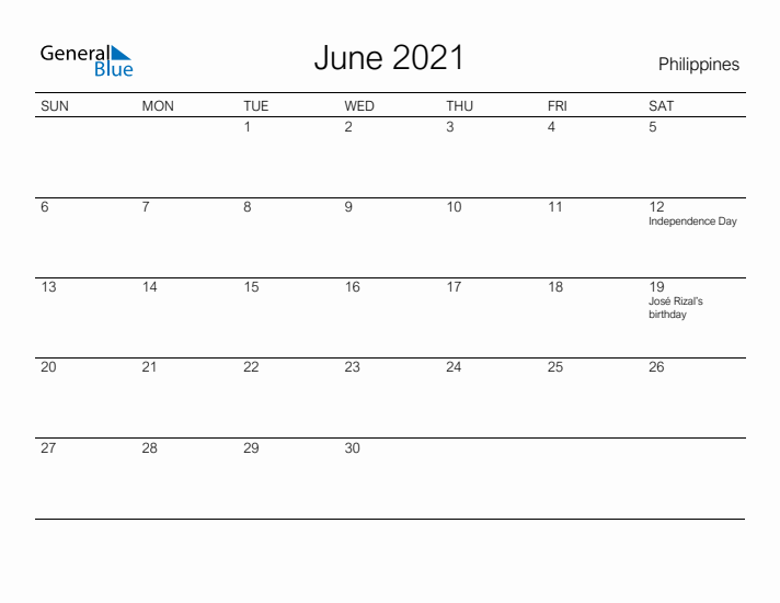 Printable June 2021 Calendar for Philippines