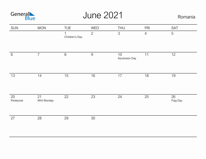 Printable June 2021 Calendar for Romania