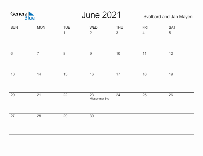 Printable June 2021 Calendar for Svalbard and Jan Mayen