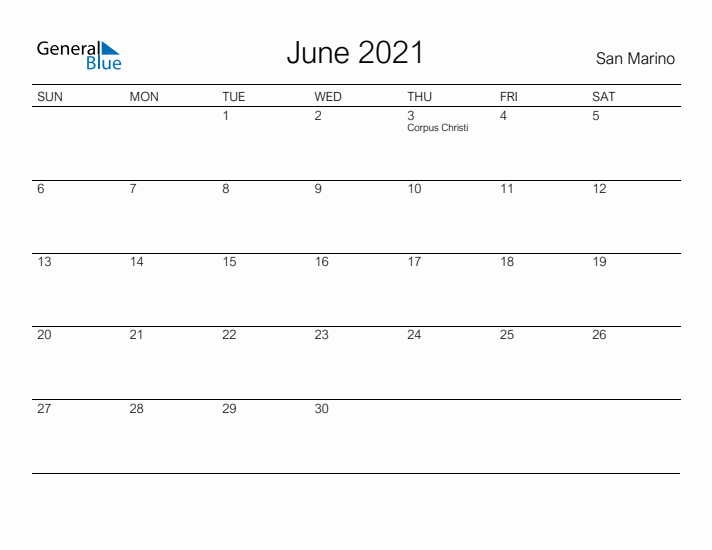 Printable June 2021 Calendar for San Marino