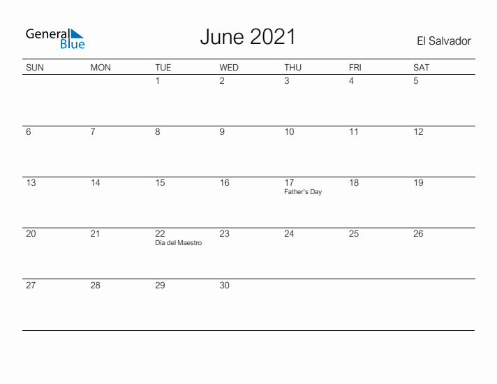 Printable June 2021 Calendar for El Salvador