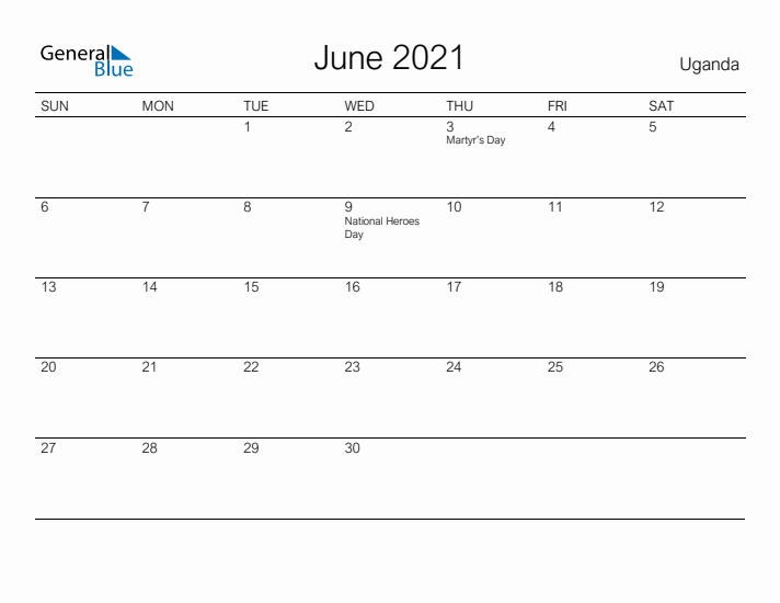 Printable June 2021 Calendar for Uganda