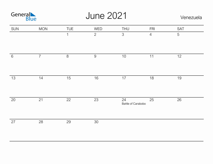 Printable June 2021 Calendar for Venezuela