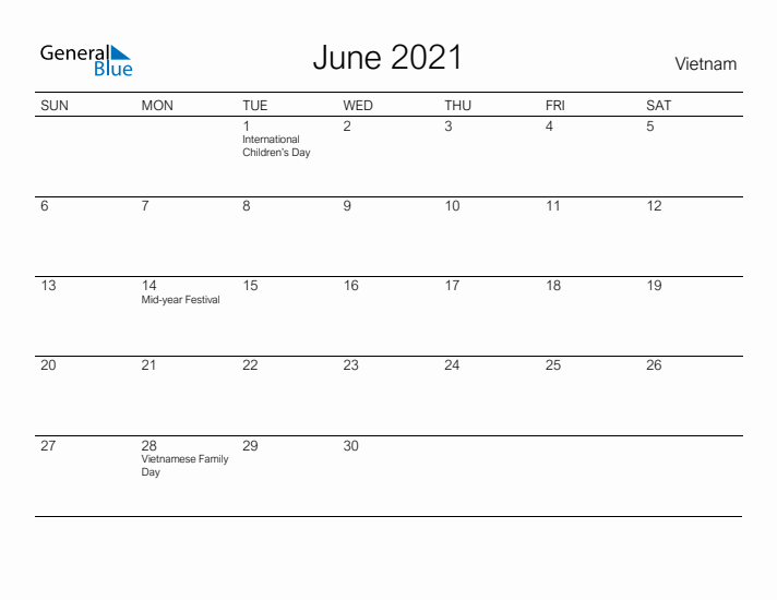 Printable June 2021 Calendar for Vietnam