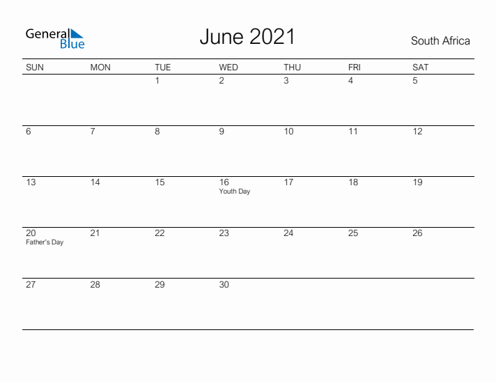 Printable June 2021 Calendar for South Africa