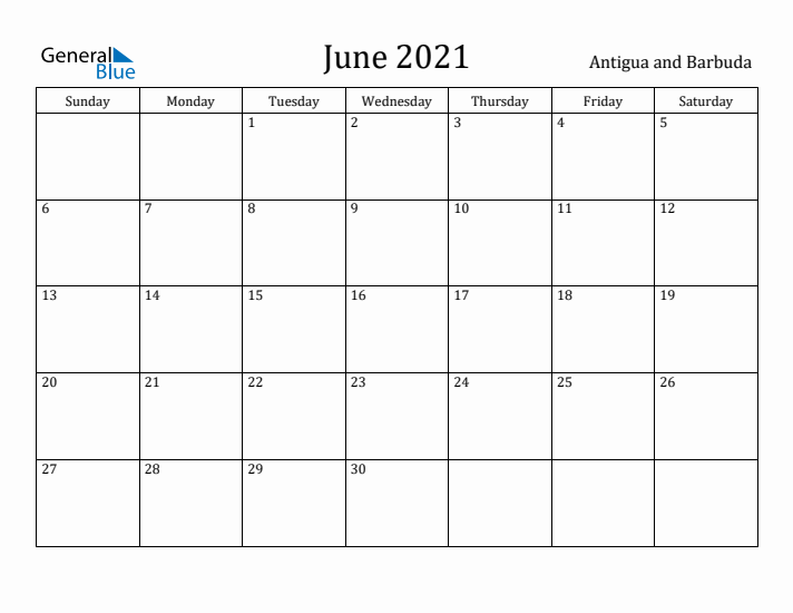 June 2021 Calendar Antigua and Barbuda