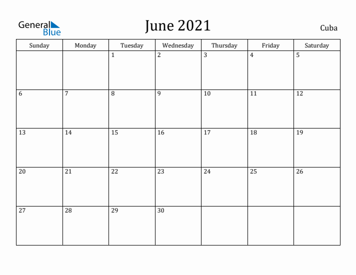 June 2021 Calendar Cuba