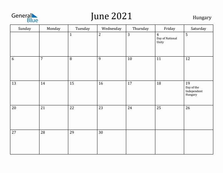 June 2021 Calendar Hungary