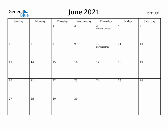 June 2021 Calendar Portugal