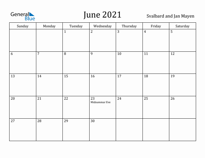 June 2021 Calendar Svalbard and Jan Mayen