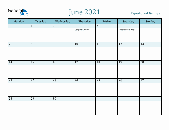 June 2021 Calendar with Holidays