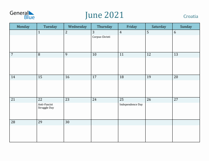 June 2021 Calendar with Holidays