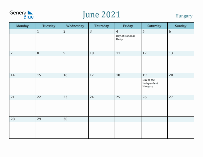 June 2021 Calendar with Holidays