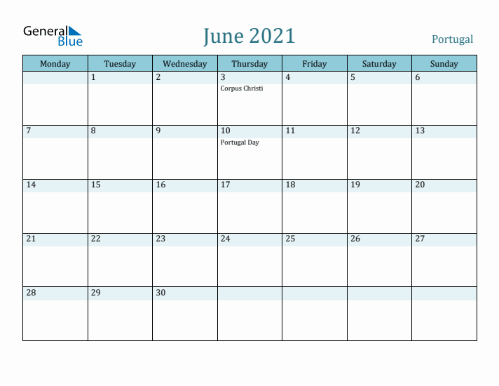 June 2021 Calendar with Holidays