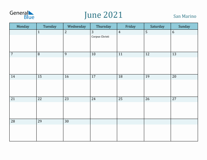 June 2021 Calendar with Holidays