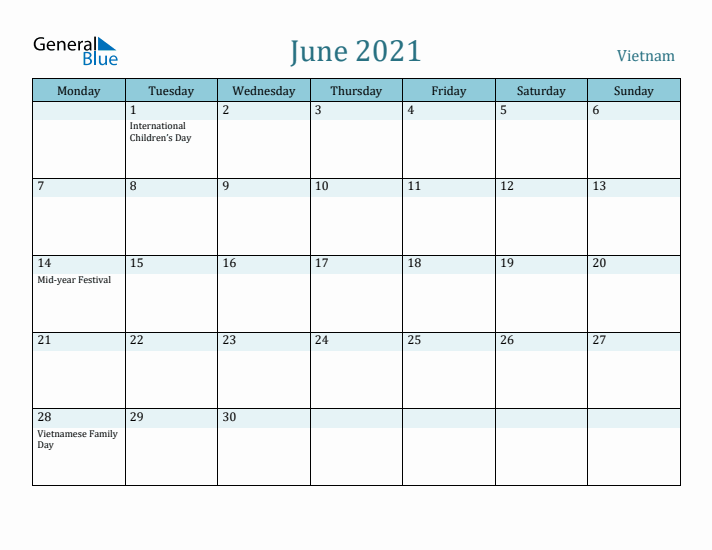 June 2021 Calendar with Holidays