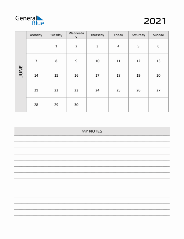 June 2021 Calendar Printable