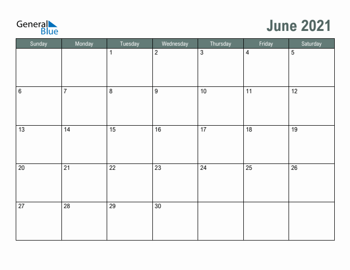 Free Printable June 2021 Calendar