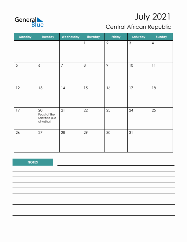 Calendar with Notes Printable - Monday Start