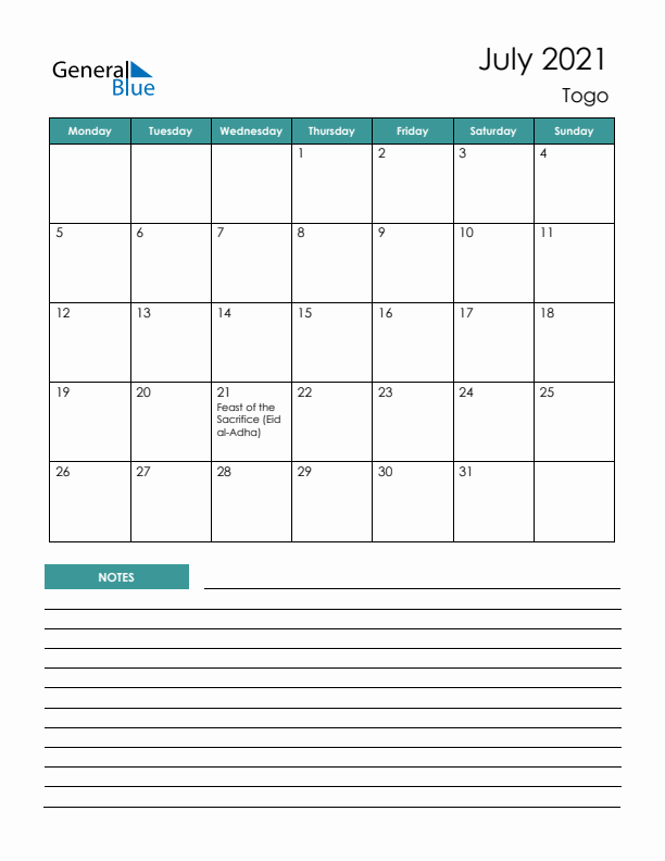 Calendar with Notes Printable - Monday Start