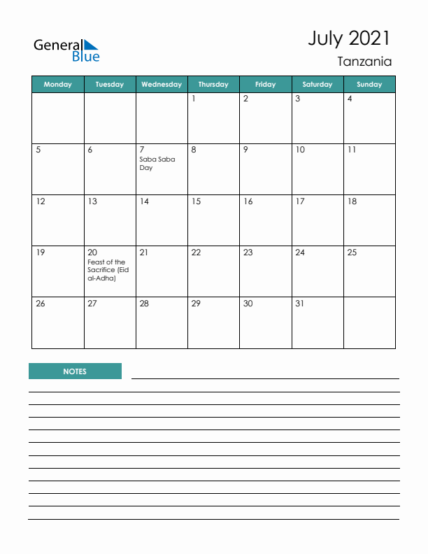 Calendar with Notes Printable - Monday Start