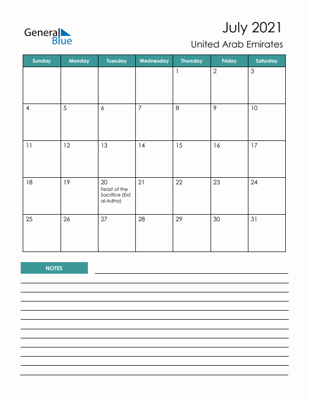 Calendar with Notes Printable - Sunday Start