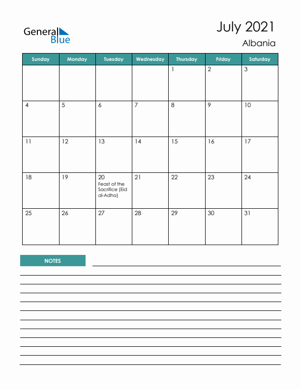 Calendar with Notes Printable - Sunday Start